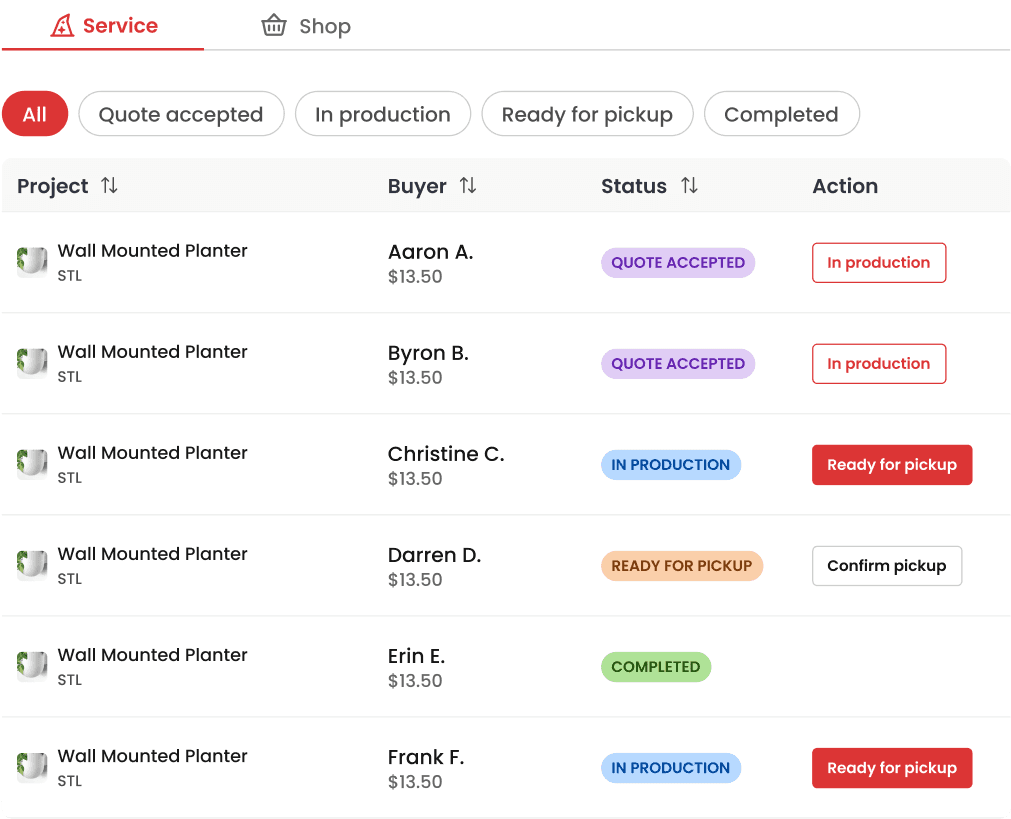 Order management table with status tags