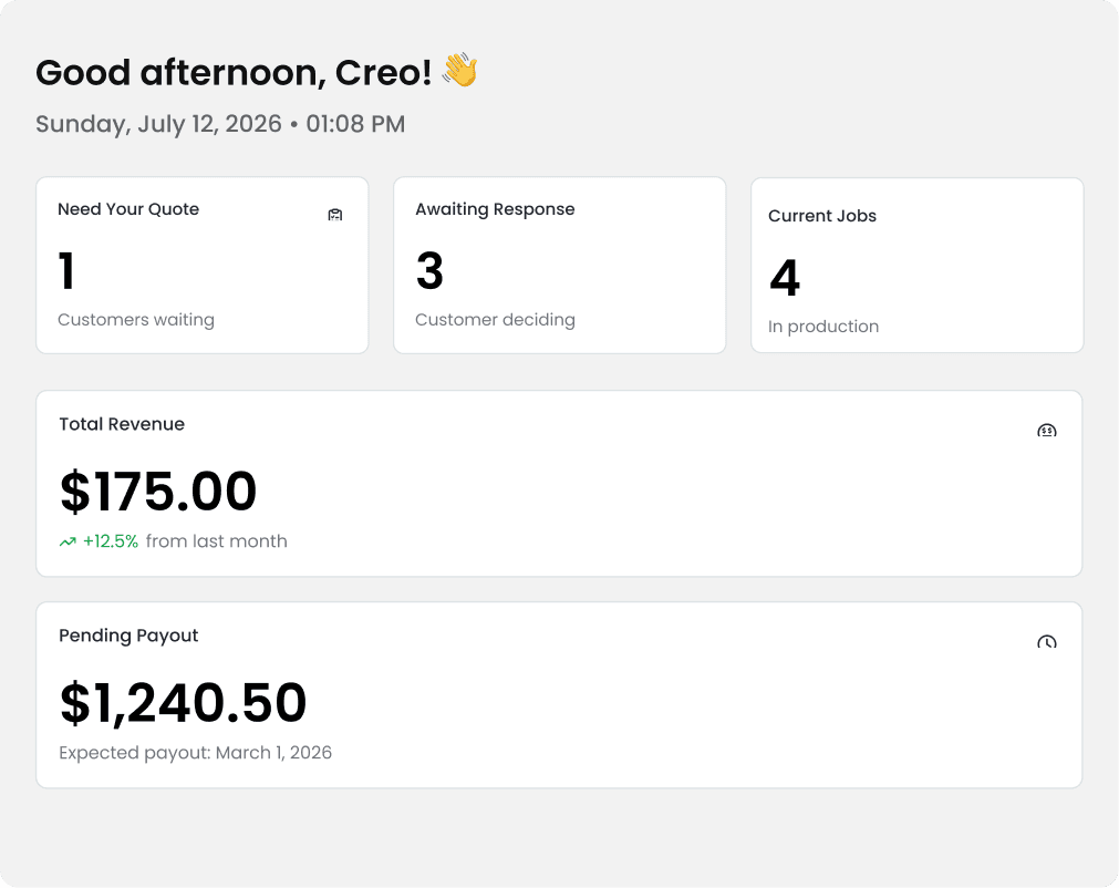 Maker dashboard showing revenue and payout cards