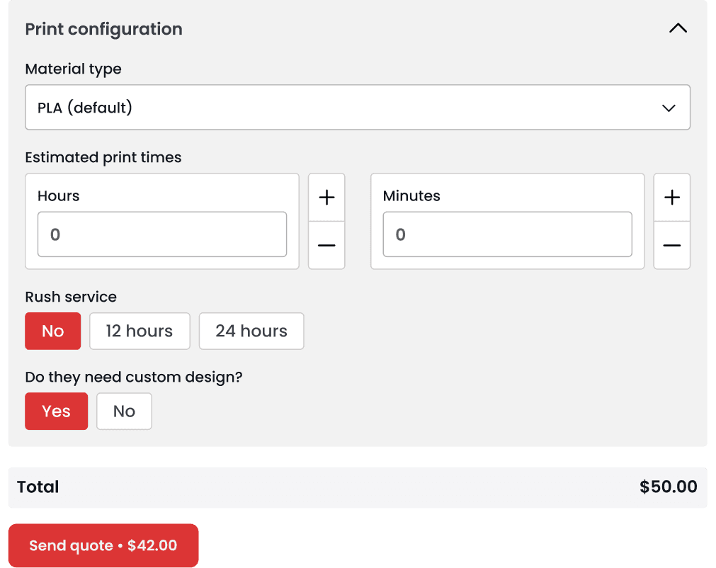 Print configuration quote form
