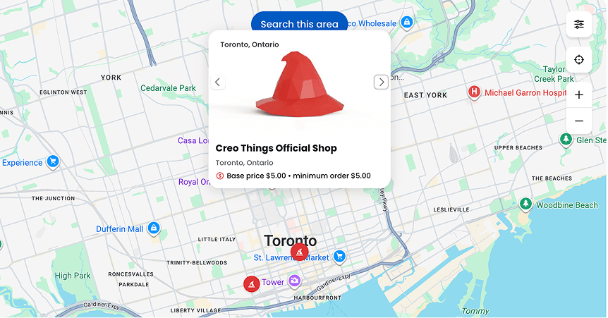 Map of Toronto showing a Creo Things shop pin